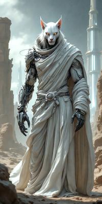 The primary subject of the image is a robot dressed in a white robe, standing in a rocky environment. The robot appears to be a futuristic character, possibly a warrior or a leader. The setting includes a backdrop of rocks and a sky, creating a dramatic and mysterious atmosphere. The visual style of the image is a combination of digital art and illustration, giving it a unique and captivating appearance. The colors and mood of the image are predominantly dark and moody, with the white robe of the robot standing out against the rocky backdrop.